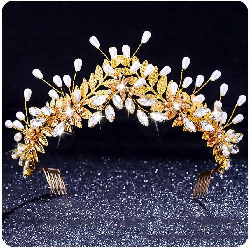 Campsis Flower Crown Pearl Wedding Headbang Gold Leaf Bride Heapiece for Women