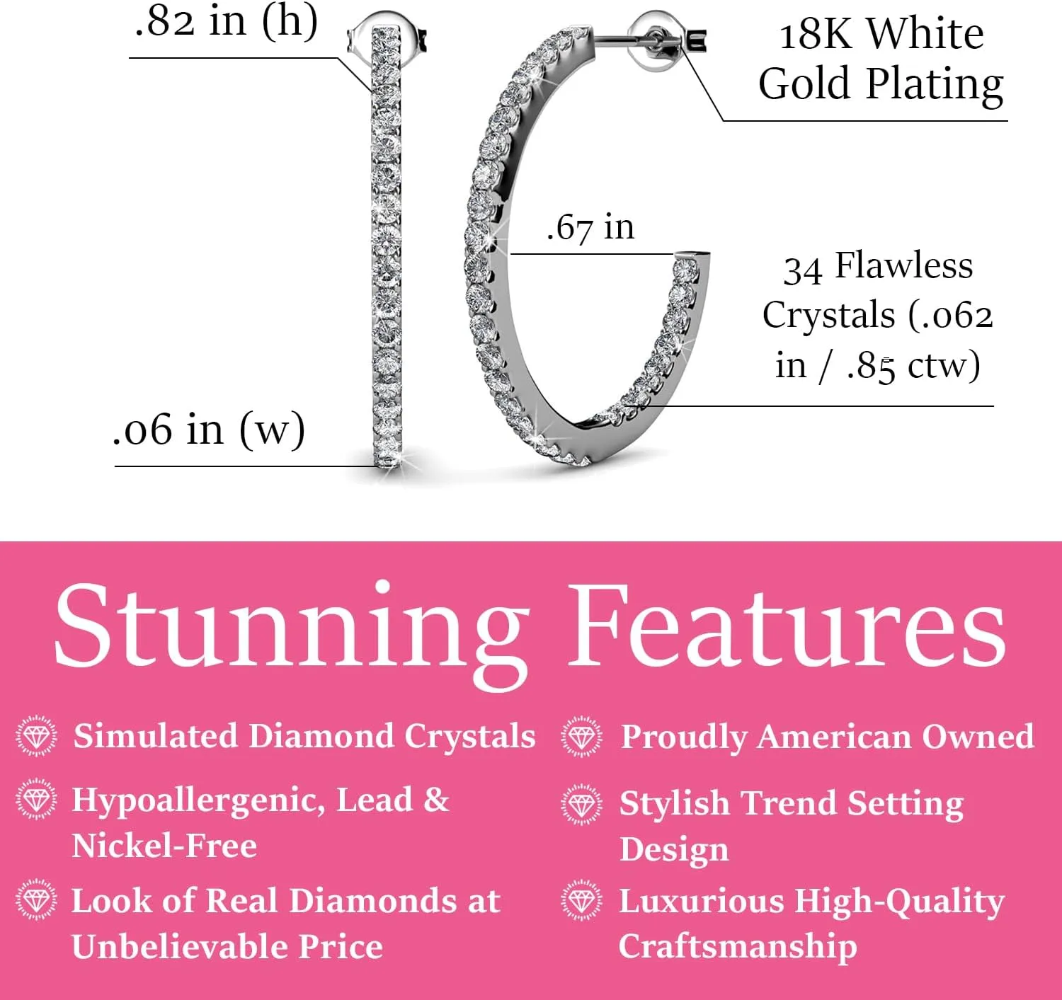 Cate & Chloe Rosalyn Beautiful 18k White Gold Hoop Earrings with Crystals, Sparkling Silver Hoops Earring Set, Solitaire Diamond Crystals, Wedding, Anniversary, Jewelry