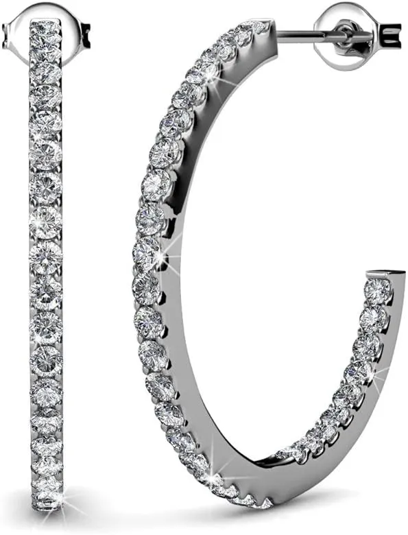 Cate & Chloe Rosalyn Beautiful 18k White Gold Hoop Earrings with Crystals, Sparkling Silver Hoops Earring Set, Solitaire Diamond Crystals, Wedding, Anniversary, Jewelry
