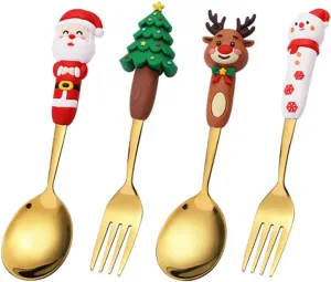 Christmas Big 4 Dolls 7" Stainless Steel Spoons Forks for Coffee Dessert Tea Soup Stirring Spoons Cake Fruit Forks Tableware Cutlery Flatware Gold Utensils Dinnerware for Birthday Wedding Dinner Party