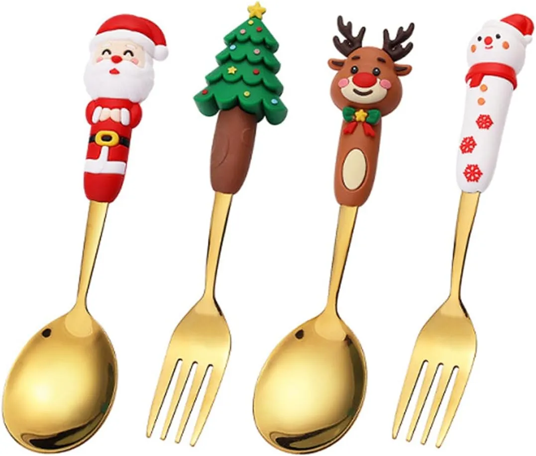 Christmas Big 4 Dolls 7" Stainless Steel Spoons Forks for Coffee Dessert Tea Soup Stirring Spoons Cake Fruit Forks Tableware Cutlery Flatware Gold Utensils Dinnerware for Birthday Wedding Dinner Party