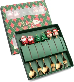 Christmas Dolls Stainless Steel Spoons Forks Set for Coffee Dessert Tea Soup Stirring Spoons Cake Fruit Forks Tableware Cutlery Flatware, Gold Utensils Dinnerware for Birthday, Dinner, Party, Wedding
