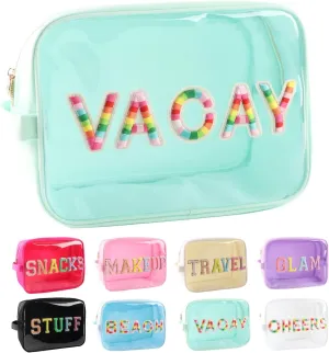Clear Extral Large Glitter Patches VACAY Pouch Preppy Transaprent TPU and Nylon Makeup Pouch (X-Large, Mint-Vacay)