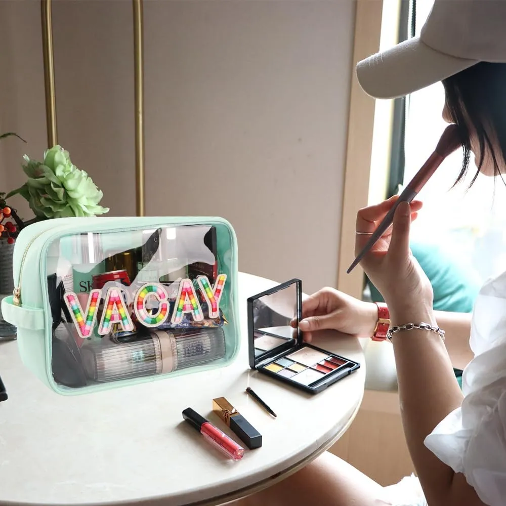 Clear Extral Large Glitter Patches VACAY Pouch Preppy Transaprent TPU and Nylon Makeup Pouch (X-Large, Mint-Vacay)