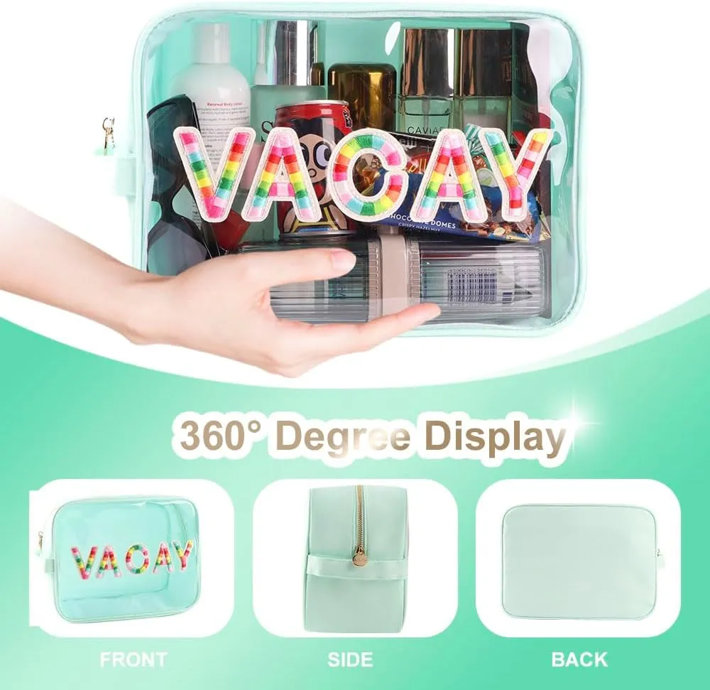 Clear Extral Large Glitter Patches VACAY Pouch Preppy Transaprent TPU and Nylon Makeup Pouch (X-Large, Mint-Vacay)