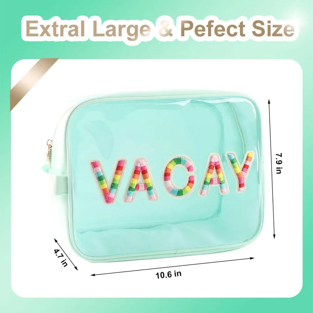 Clear Extral Large Glitter Patches VACAY Pouch Preppy Transaprent TPU and Nylon Makeup Pouch (X-Large, Mint-Vacay)