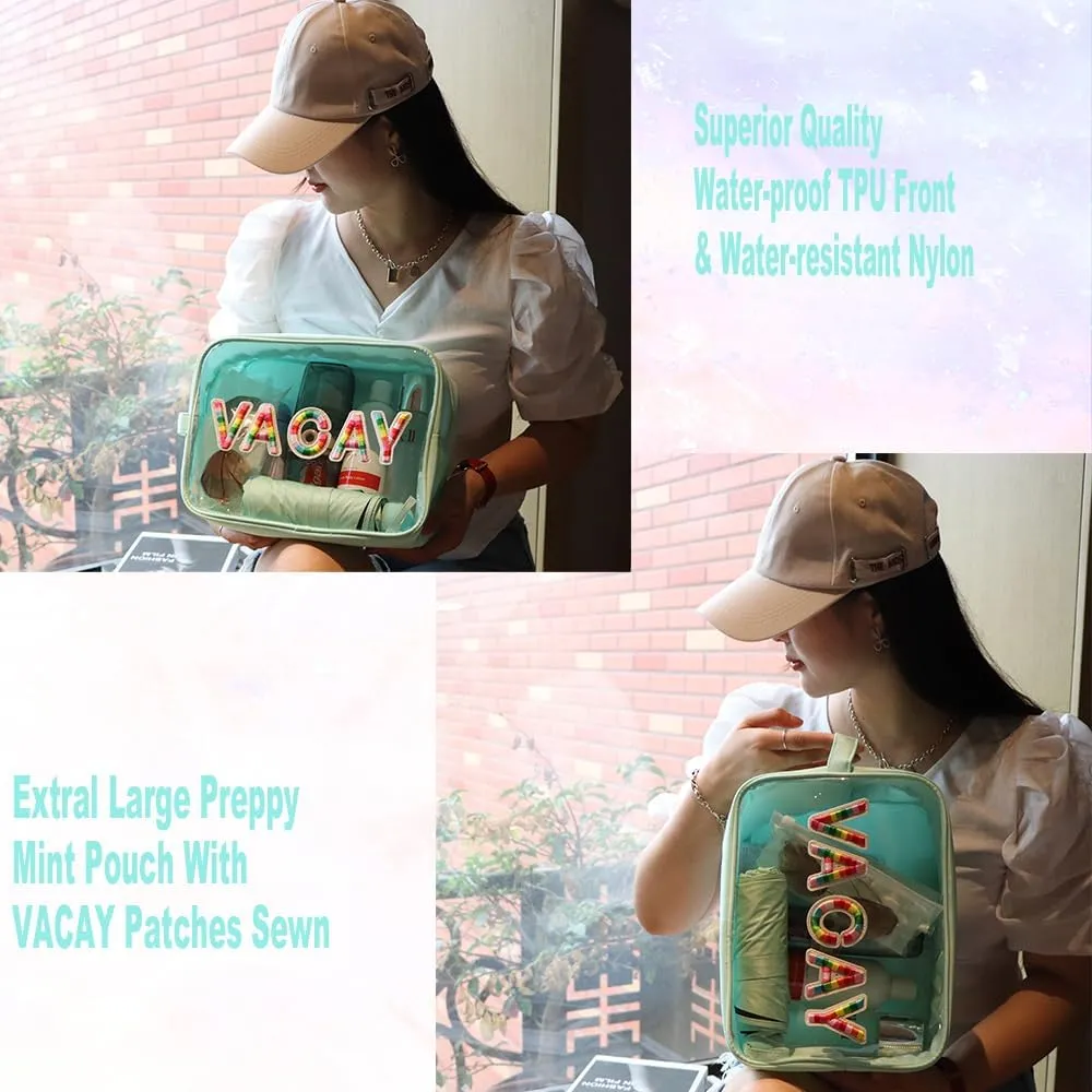 Clear Extral Large Glitter Patches VACAY Pouch Preppy Transaprent TPU and Nylon Makeup Pouch (X-Large, Mint-Vacay)