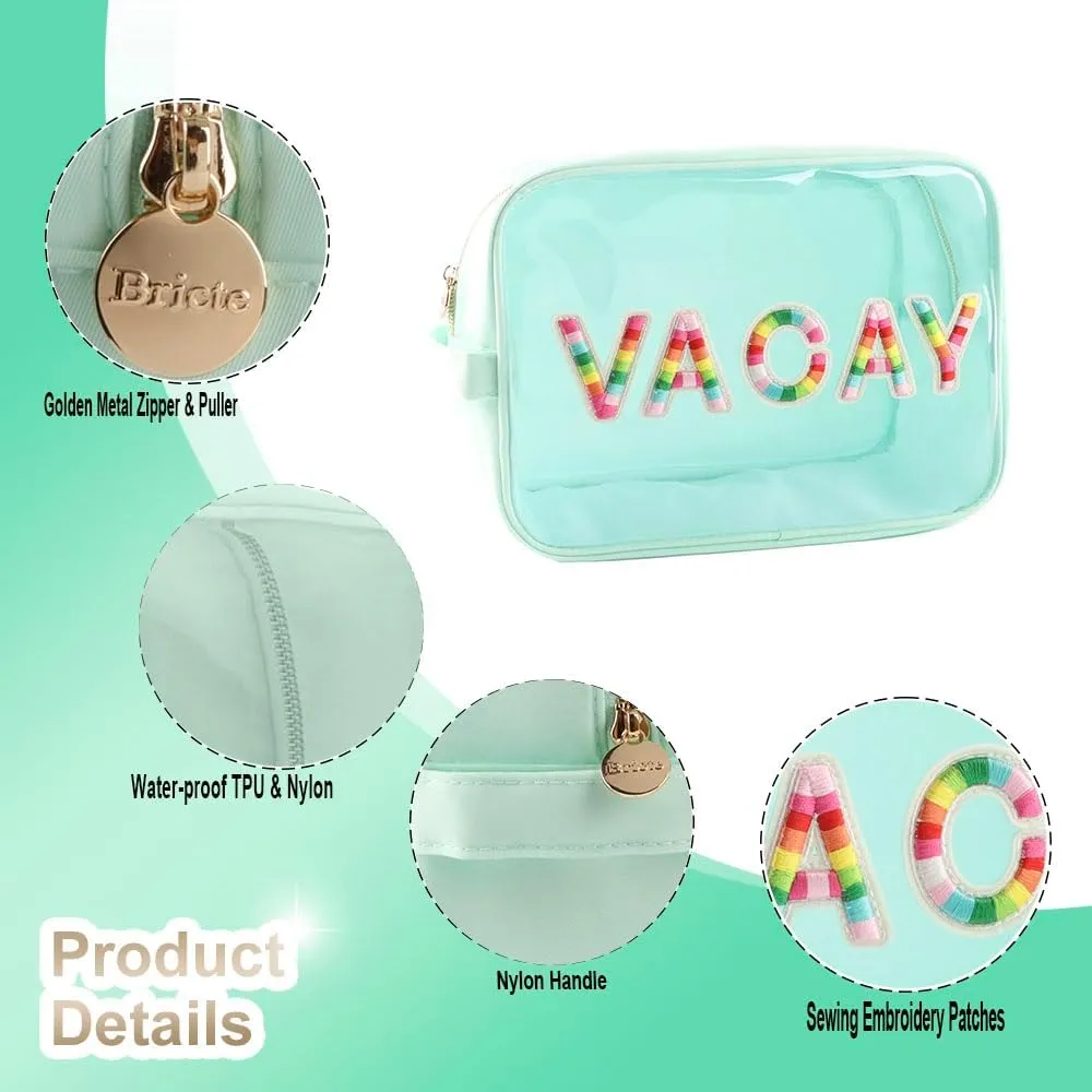 Clear Extral Large Glitter Patches VACAY Pouch Preppy Transaprent TPU and Nylon Makeup Pouch (X-Large, Mint-Vacay)
