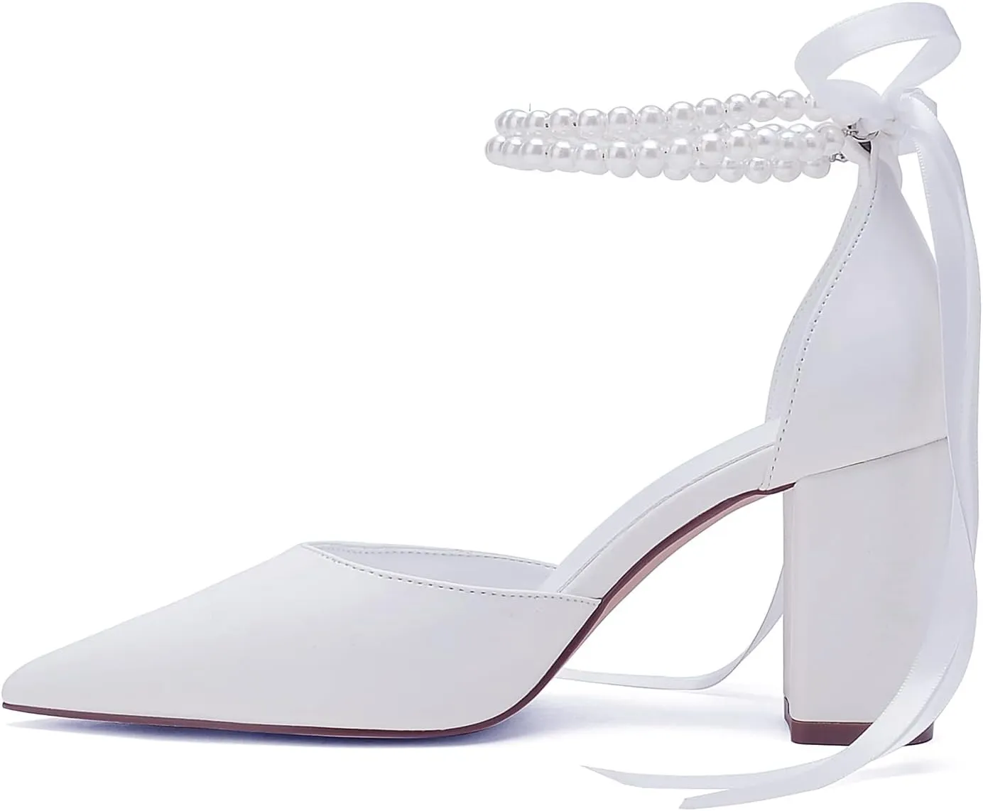 Closed Toe Pearl Heels Satin Wedding Shoes for Bride High Heels with Bow Chunky Block Heels for Women Prom Evening Party Dress Shoes Pumps