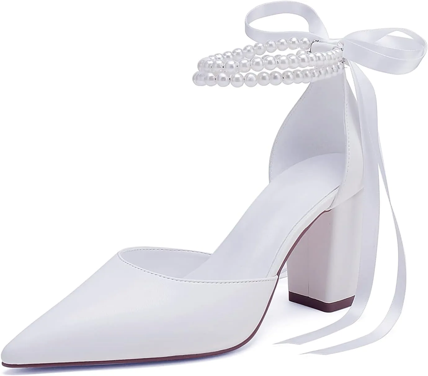 Closed Toe Pearl Heels Satin Wedding Shoes for Bride High Heels with Bow Chunky Block Heels for Women Prom Evening Party Dress Shoes Pumps
