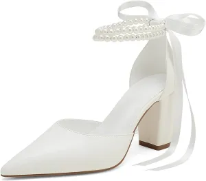 Closed Toe Pearl Heels Satin Wedding Shoes for Bride High Heels with Bow Chunky Block Heels for Women Prom Evening Party Dress Shoes Pumps