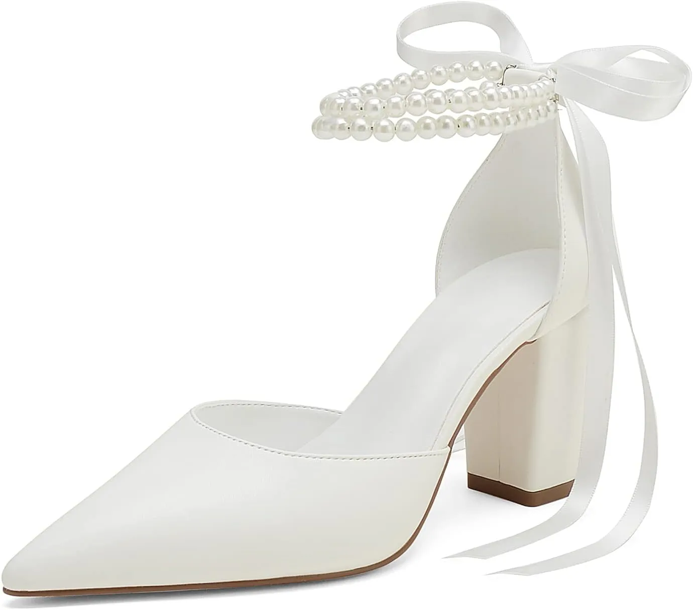 Closed Toe Pearl Heels Satin Wedding Shoes for Bride High Heels with Bow Chunky Block Heels for Women Prom Evening Party Dress Shoes Pumps