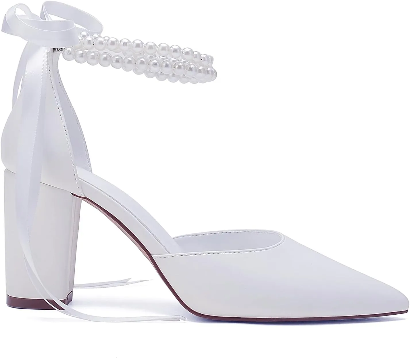 Closed Toe Pearl Heels Satin Wedding Shoes for Bride High Heels with Bow Chunky Block Heels for Women Prom Evening Party Dress Shoes Pumps