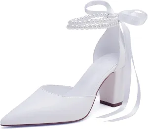 Closed Toe Pearl Heels Satin Wedding Shoes for Bride High Heels with Bow Chunky Block Heels for Women Prom Evening Party Dress Shoes Pumps