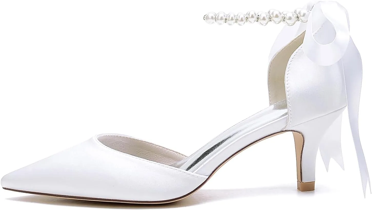 Closed Toe Pearl Kitten Heels Satin Wedding Shoes for Bride Low Heels with Bow Bridal Heels for Women Prom Evening Party Dress Shoes Pumps