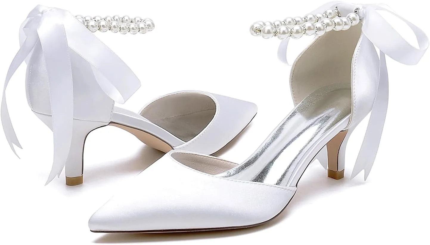 Closed Toe Pearl Kitten Heels Satin Wedding Shoes for Bride Low Heels with Bow Bridal Heels for Women Prom Evening Party Dress Shoes Pumps
