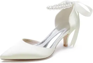 Closed Toe Pearl Kitten Heels Satin Wedding Shoes for Bride Low Heels with Bow Bridal Heels for Women Prom Evening Party Dress Shoes Pumps