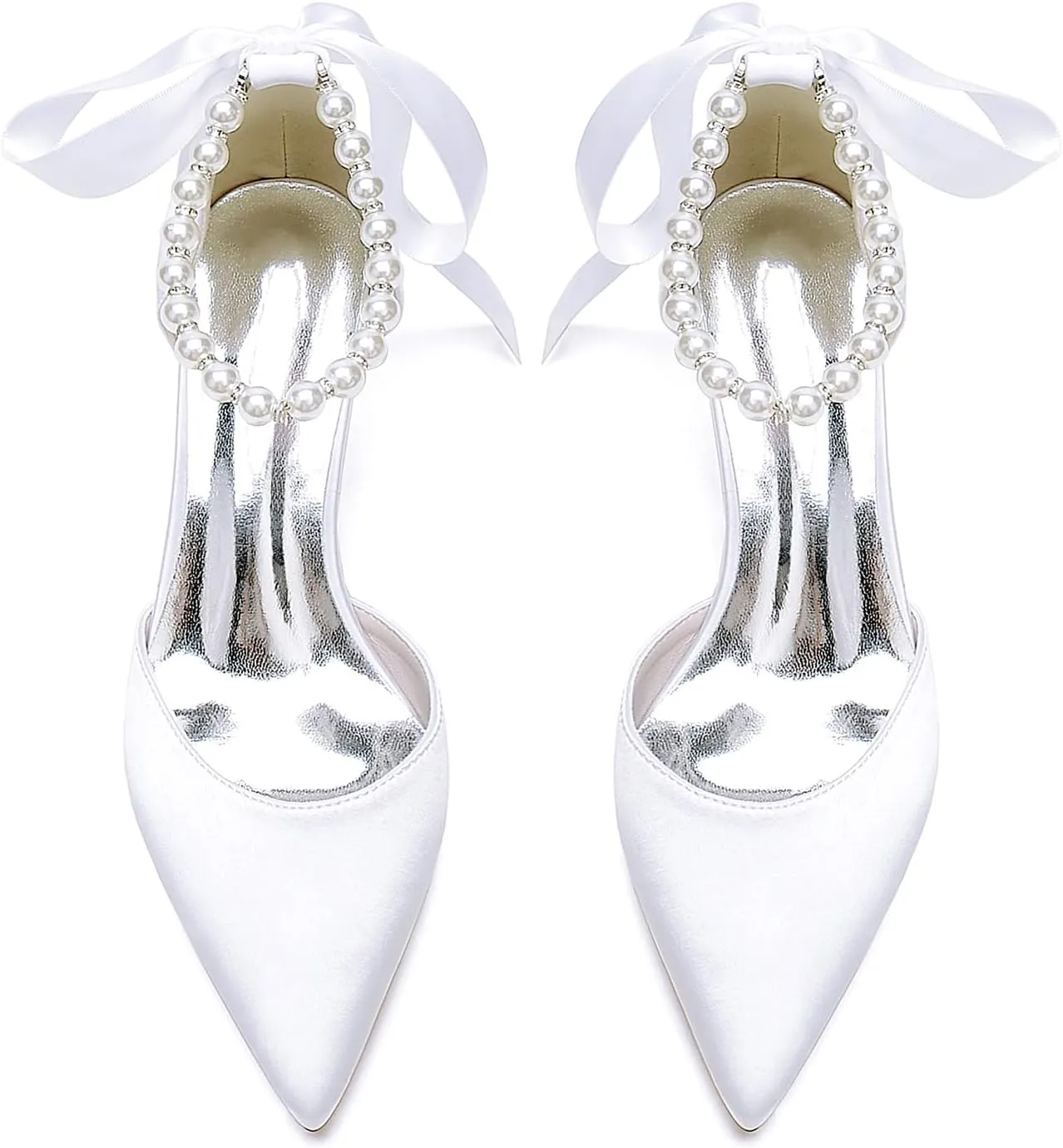 Closed Toe Pearl Kitten Heels Satin Wedding Shoes for Bride Low Heels with Bow Bridal Heels for Women Prom Evening Party Dress Shoes Pumps