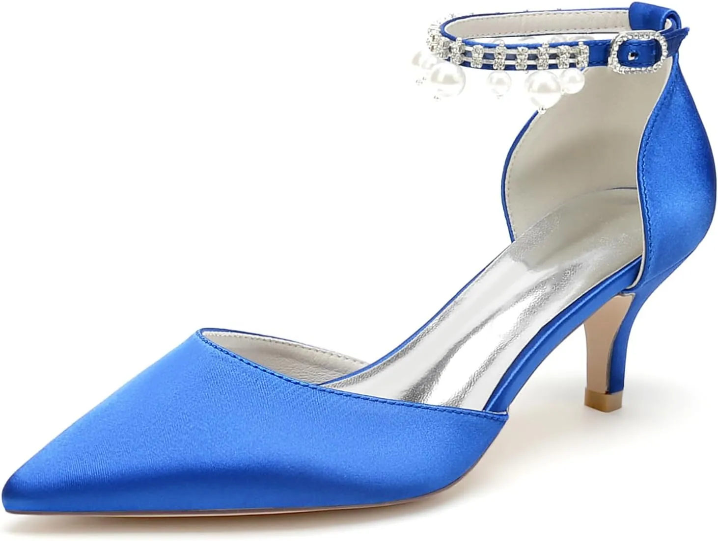 Closed Toe Pearl Kitten Heels Wedding Shoes for Bride Low Heels Ankle Strap Bridal Shoes Satin Shoes Pumps