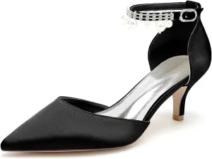 Closed Toe Pearl Kitten Heels Wedding Shoes for Bride Low Heels Ankle Strap Bridal Shoes Satin Shoes Pumps