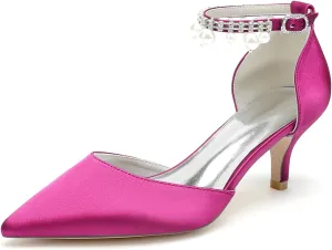 Closed Toe Pearl Kitten Heels Wedding Shoes for Bride Low Heels Ankle Strap Bridal Shoes Satin Shoes Pumps