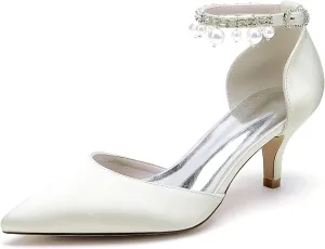 Closed Toe Pearl Kitten Heels Wedding Shoes for Bride Low Heels Ankle Strap Bridal Shoes Satin Shoes Pumps