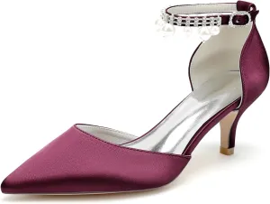 Closed Toe Pearl Kitten Heels Wedding Shoes for Bride Low Heels Ankle Strap Bridal Shoes Satin Shoes Pumps