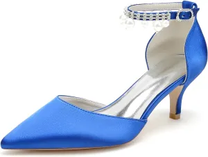 Closed Toe Pearl Kitten Heels Wedding Shoes for Bride Low Heels Ankle Strap Bridal Shoes Satin Shoes Pumps