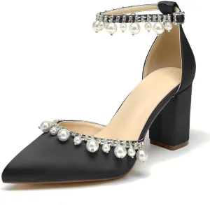 Closed Toe Pearl Wedding Shoes for Bride High Heels Ankle Strap Strappy Block Heels Bridal Shoes Satin Shoes Pumps