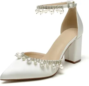 Closed Toe Pearl Wedding Shoes for Bride High Heels Ankle Strap Strappy Block Heels Bridal Shoes Satin Shoes Pumps