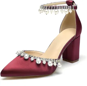 Closed Toe Pearl Wedding Shoes for Bride High Heels Ankle Strap Strappy Block Heels Bridal Shoes Satin Shoes Pumps