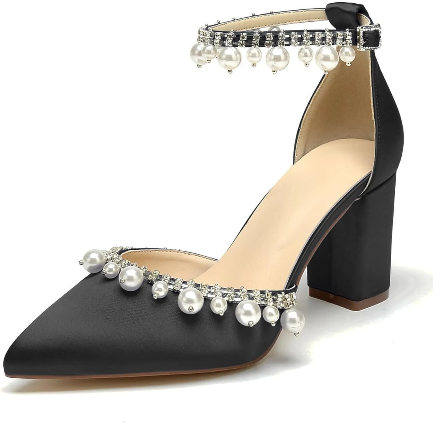 Closed Toe Pearl Wedding Shoes for Bride High Heels Ankle Strap Strappy Block Heels Bridal Shoes Satin Shoes Pumps