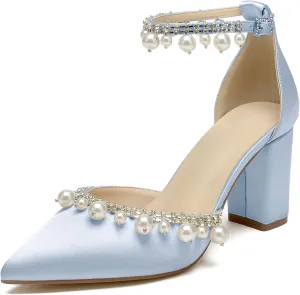 Closed Toe Pearl Wedding Shoes for Bride High Heels Ankle Strap Strappy Block Heels Bridal Shoes Satin Shoes Pumps