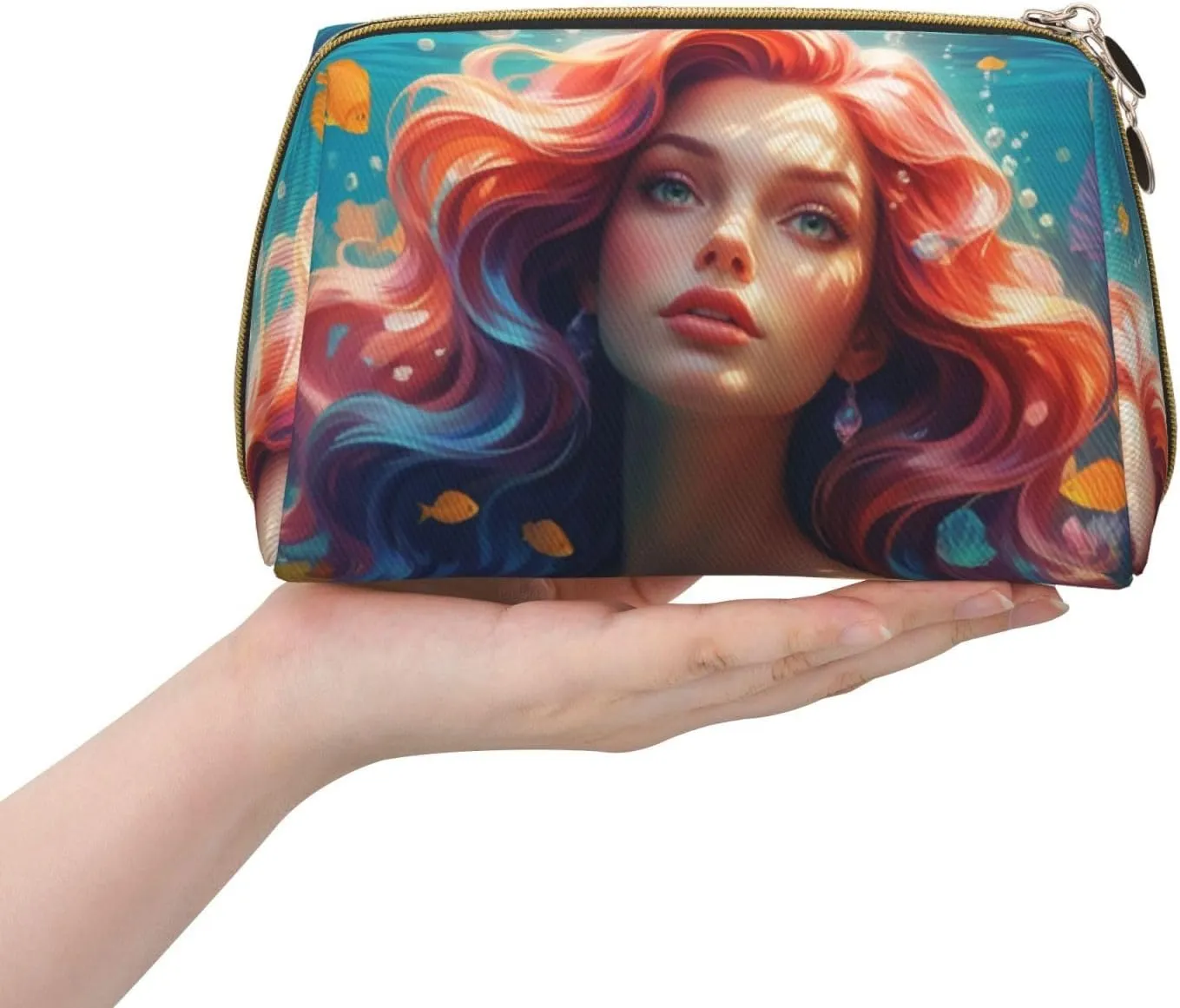 Colored beautiful mermaid Printed Small Makeup Bag,Travel Cosmetic Bag Purse with Zipper,Water-resistant Makeup Organizer Bag for Women