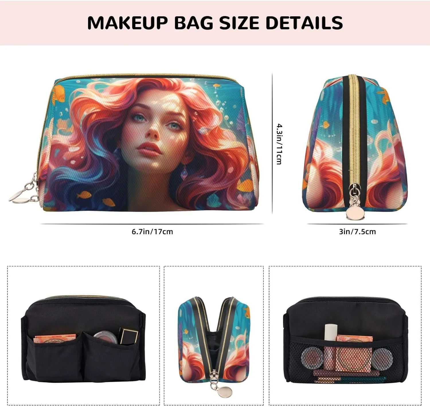 Colored beautiful mermaid Printed Small Makeup Bag,Travel Cosmetic Bag Purse with Zipper,Water-resistant Makeup Organizer Bag for Women