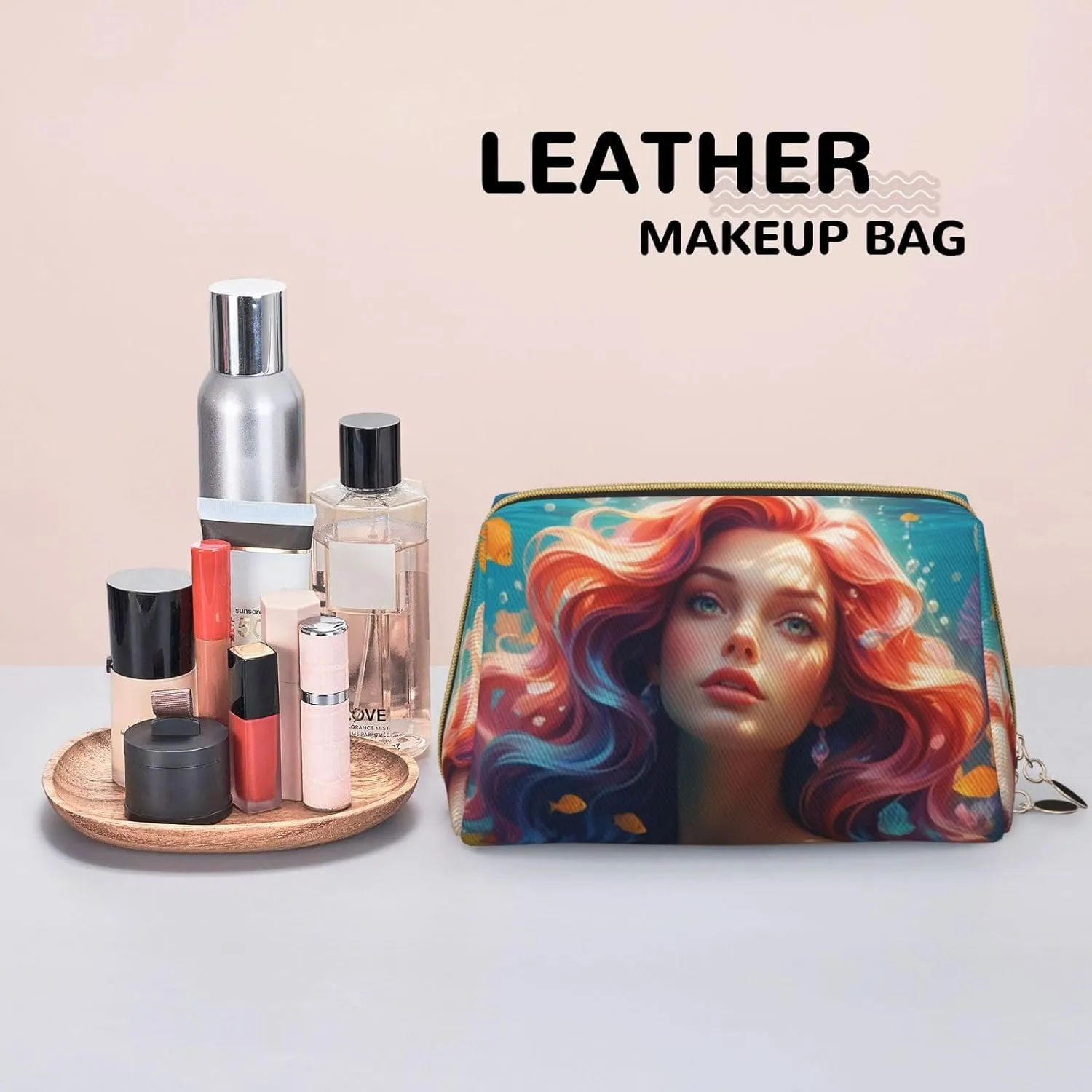 Colored beautiful mermaid Printed Small Makeup Bag,Travel Cosmetic Bag Purse with Zipper,Water-resistant Makeup Organizer Bag for Women