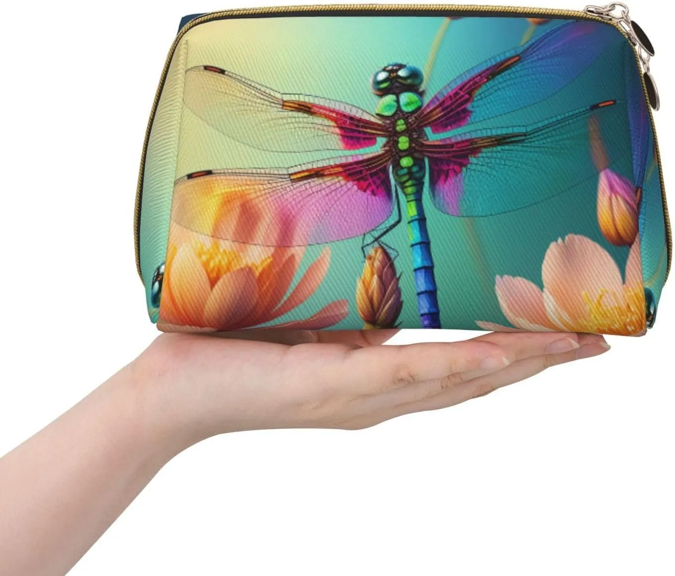 Colorful Dragonfly Printed Small Makeup Bag,Travel Cosmetic Bag Purse with Zipper,Water-resistant Makeup Organizer Bag for Women