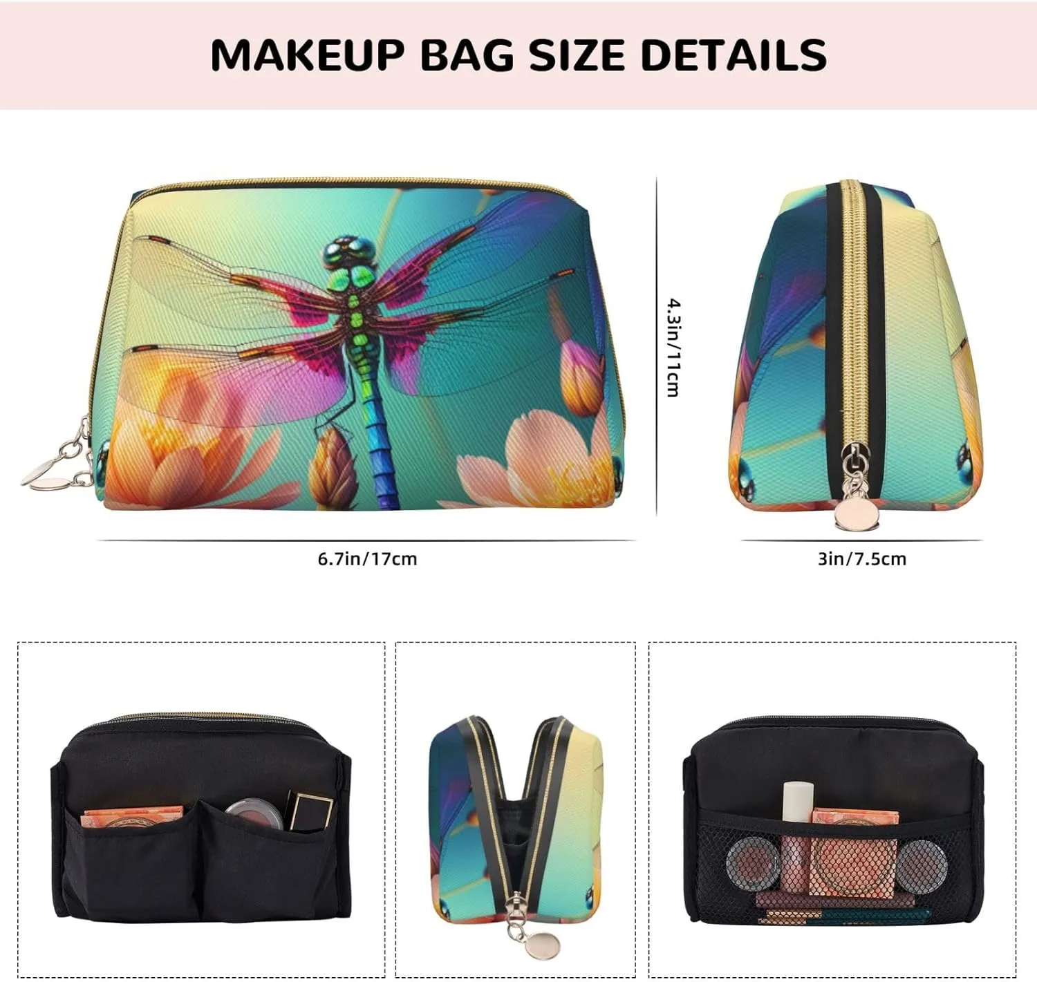 Colorful Dragonfly Printed Small Makeup Bag,Travel Cosmetic Bag Purse with Zipper,Water-resistant Makeup Organizer Bag for Women