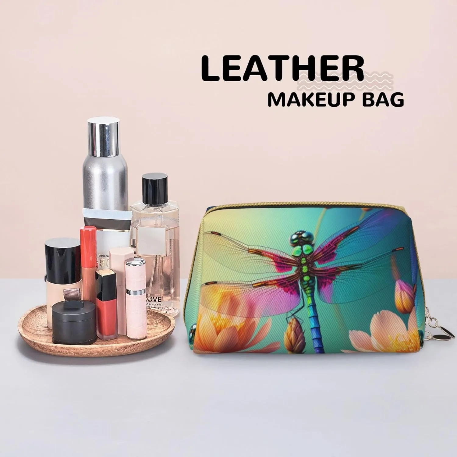 Colorful Dragonfly Printed Small Makeup Bag,Travel Cosmetic Bag Purse with Zipper,Water-resistant Makeup Organizer Bag for Women