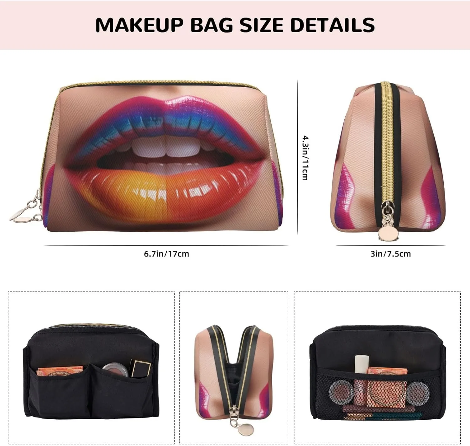 Colorful Woman Lip Printed Small Makeup Bag,Travel Cosmetic Bag Purse with Zipper,Water-resistant Makeup Organizer Bag for Women
