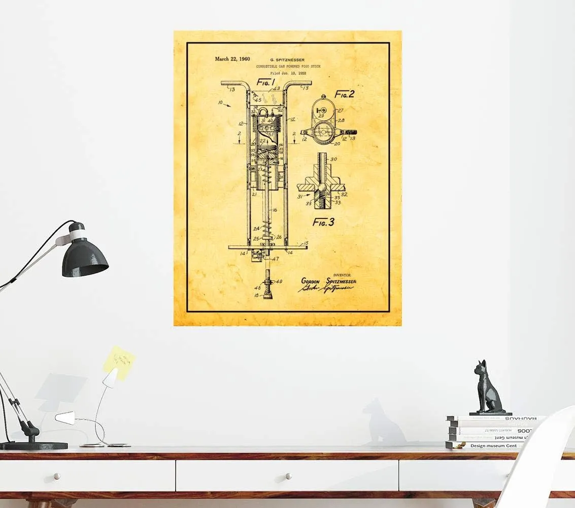 Combustible Gas Powered Pogo Stick Patent Print Golden Look with Border (24" x 36") M14640