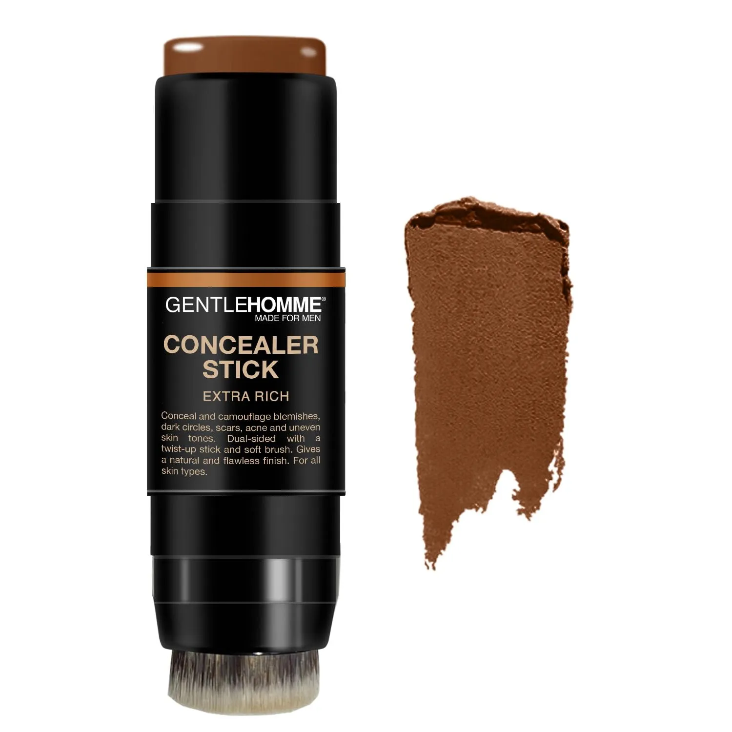 Concealer Stick - Men’s 2-in-1 Concealer & Brush - For Blemishes, Dark Circles, Scars, Acne & Uneven Skin Tones - Natural Finish - All Skin Types - Vegan - Extra Rich - 1 Stick