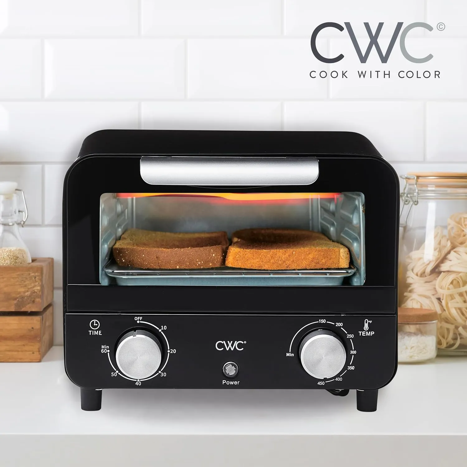 COOK WITH COLOR Mini Toaster Oven: 600W Power, Precision Timer, Auto Shutoff, and Culinary Delights Up To 450 Degrees, Black