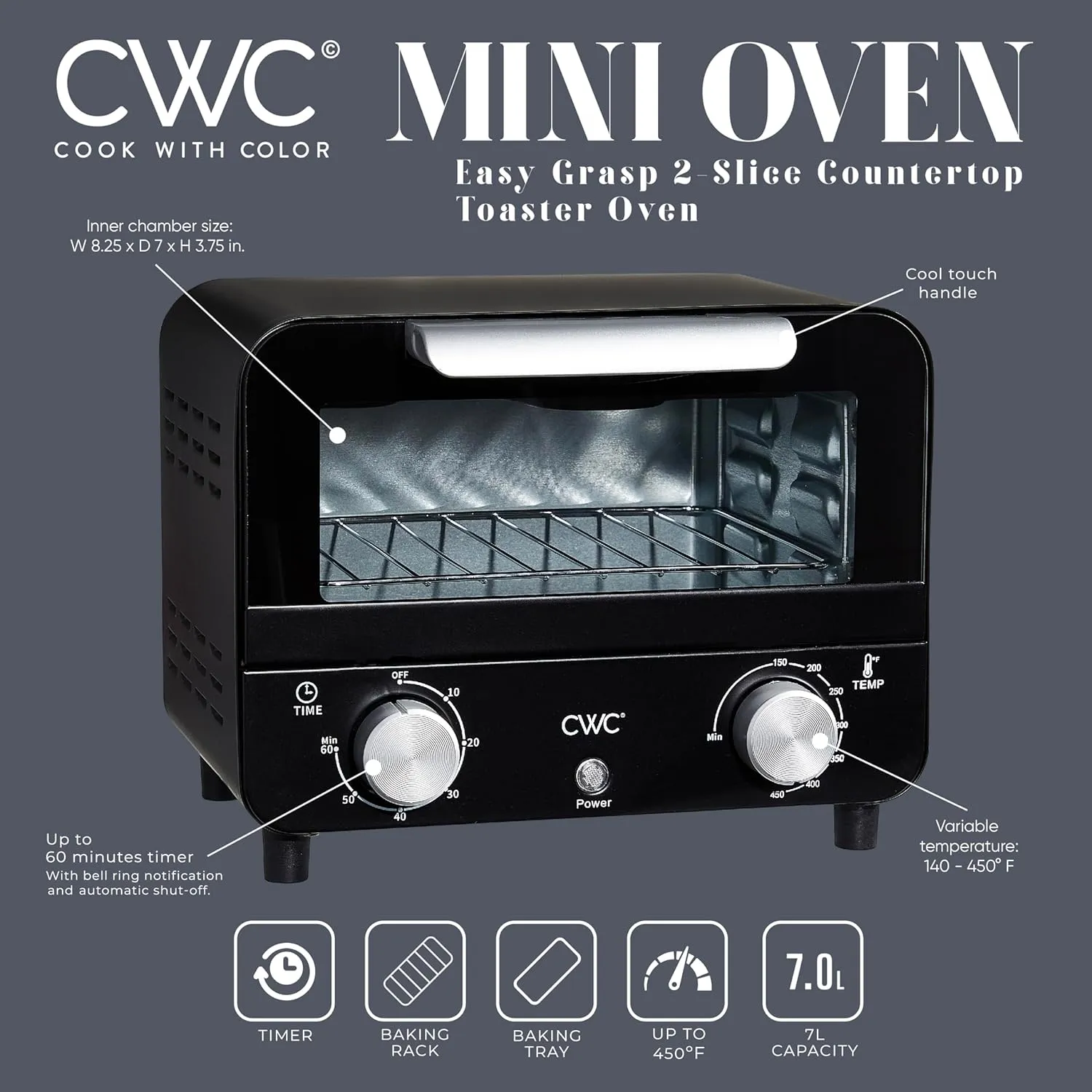 COOK WITH COLOR Mini Toaster Oven: 600W Power, Precision Timer, Auto Shutoff, and Culinary Delights Up To 450 Degrees, Black