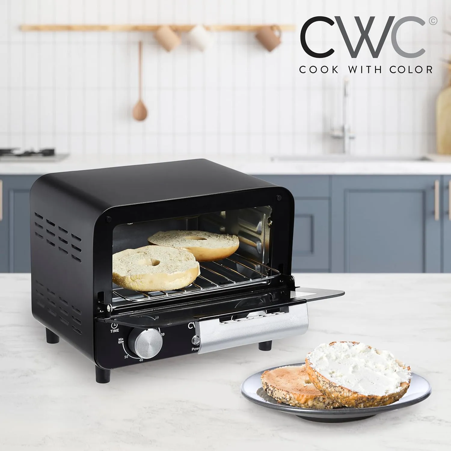COOK WITH COLOR Mini Toaster Oven: 600W Power, Precision Timer, Auto Shutoff, and Culinary Delights Up To 450 Degrees, Black