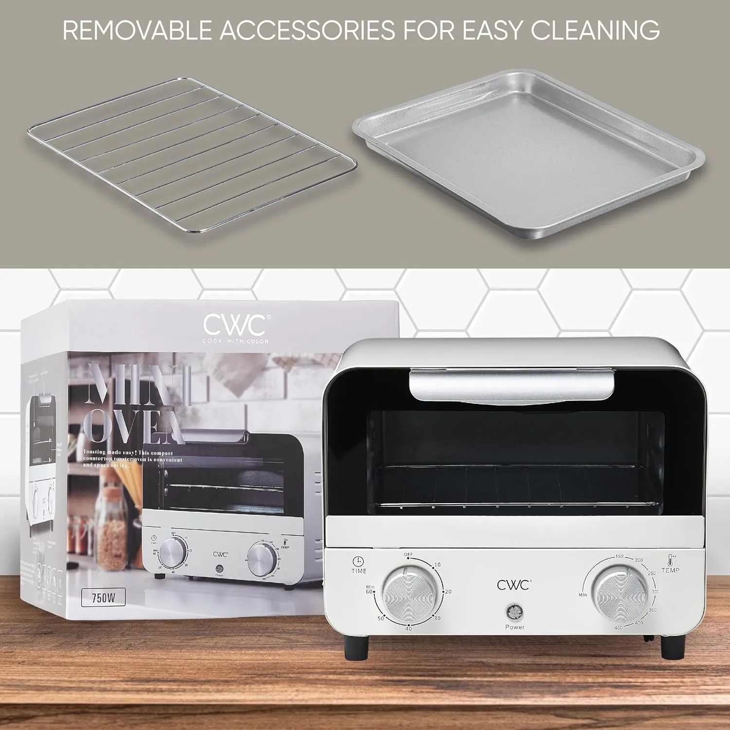 COOK WITH COLOR Mini Toaster Oven: 600W Power, Precision Timer, Auto Shutoff, and Culinary Delights Up To 450 Degrees, Cream