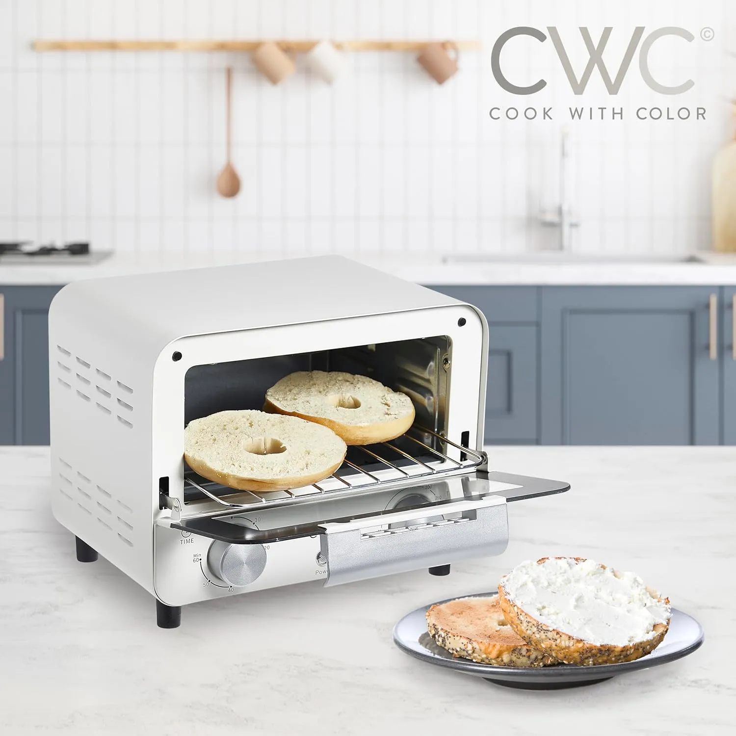COOK WITH COLOR Mini Toaster Oven: 600W Power, Precision Timer, Auto Shutoff, and Culinary Delights Up To 450 Degrees, Cream