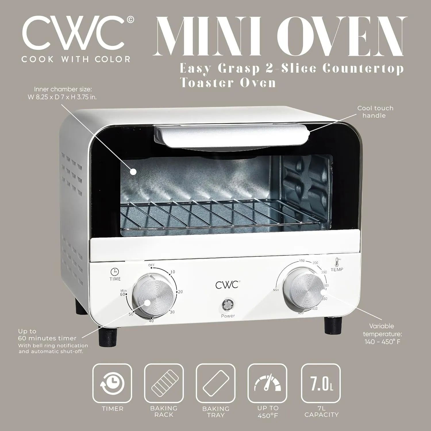 COOK WITH COLOR Mini Toaster Oven: 600W Power, Precision Timer, Auto Shutoff, and Culinary Delights Up To 450 Degrees, Cream