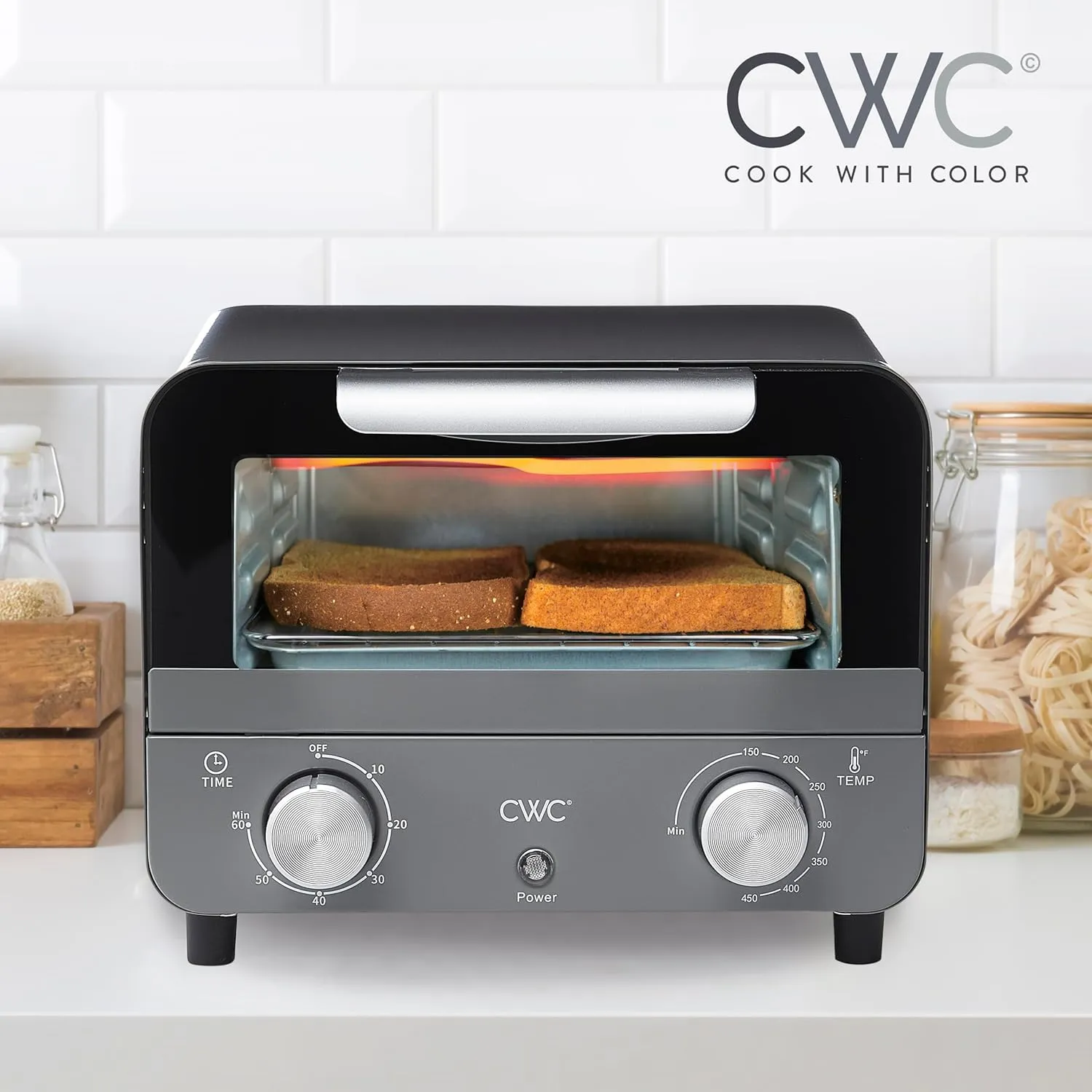 COOK WITH COLOR Mini Toaster Oven: 600W Power, Precision Timer, Auto Shutoff, and Culinary Delights Up To 450 Degrees, Grey