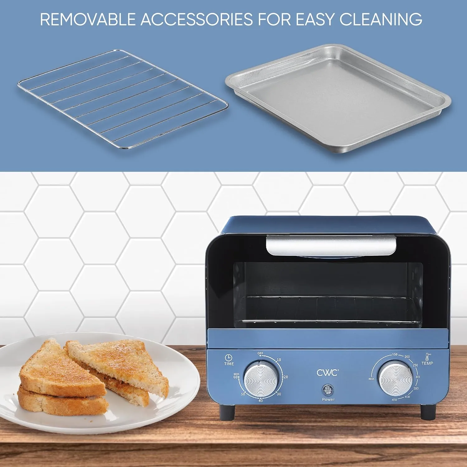 COOK WITH COLOR Mini Toaster Oven: 600W Power, Precision Timer, Auto Shutoff, and Culinary Delights Up To 450 Degrees, Navy